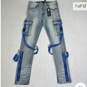 Waimea Blue Wash Denim Stretch Blue Belt Straps Skinny Fit Jeans Mens Size30 nwt